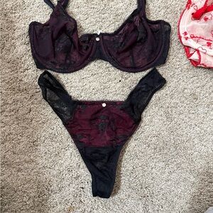 Adore Me Black and Burgundy Lace Bra Set